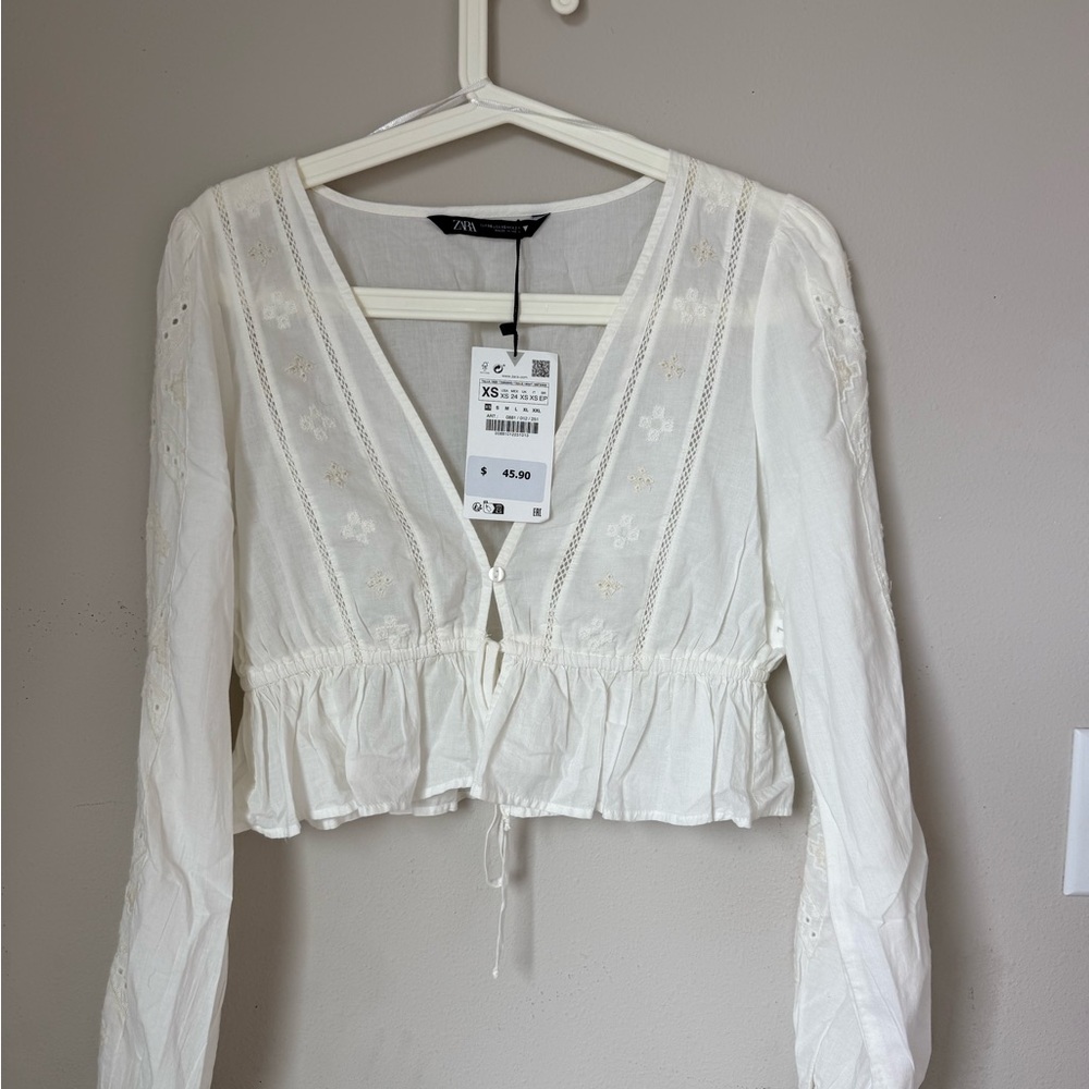 Zara White Embroidered Tie-Front Peasant Blouse